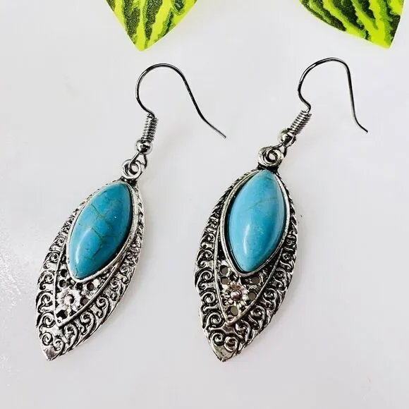 Teal Blue Faux Turquoise On Filigree Leaf  Silver Tine Dangle Drop Earrings