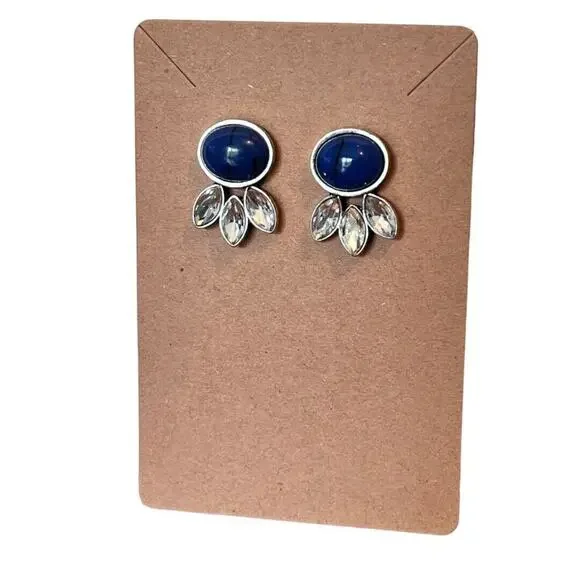 Blue Ink Acrylic Bead Rhinestone Post Earrings Silvertone .75