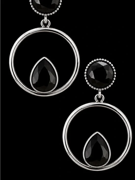 Silver Hoop Earrings with Black Teardrop Stones