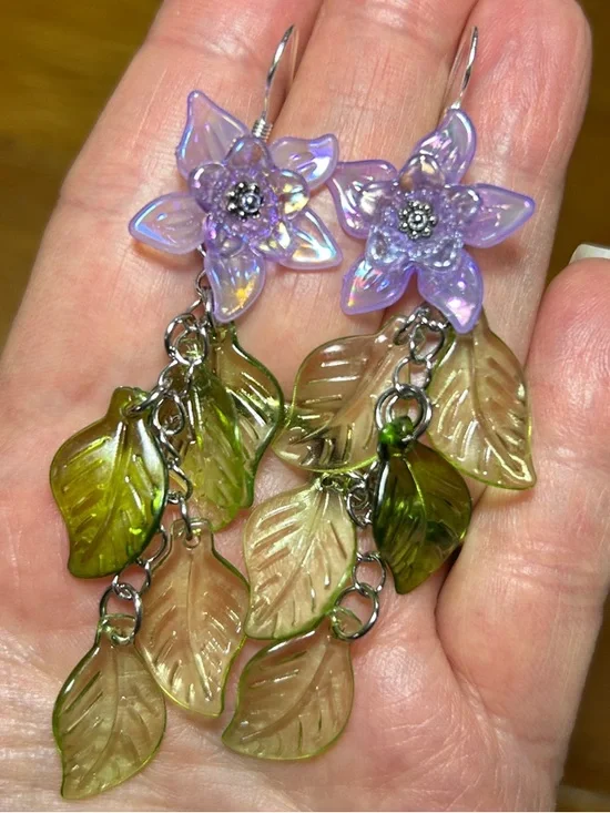 Purple Flower and Green Leaf Dangle Earrings - Women's Jewelry