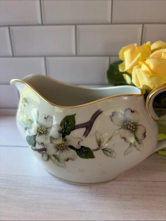 Hand-Painted Floral Porcelain Pitcher with Gold Rim