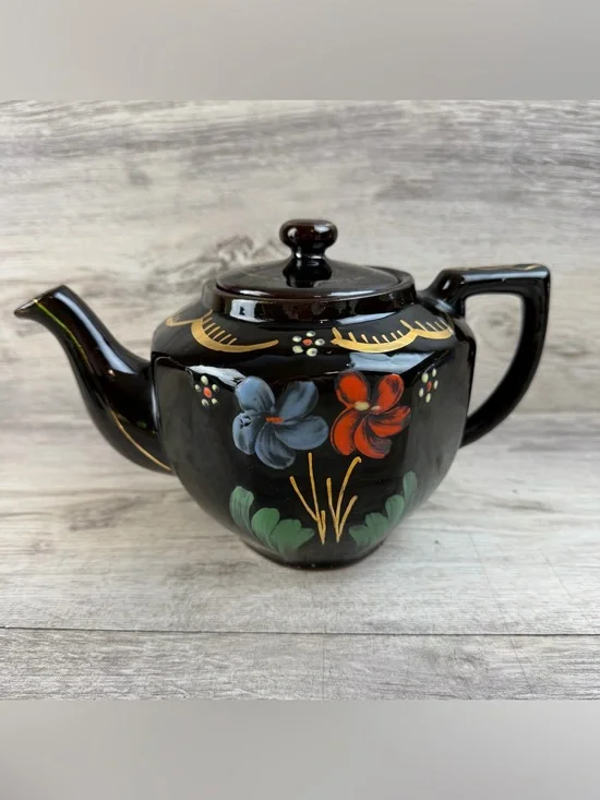 Vintage Hand Painted Floral Teapot with Gold Accents – Redware Brown Betty