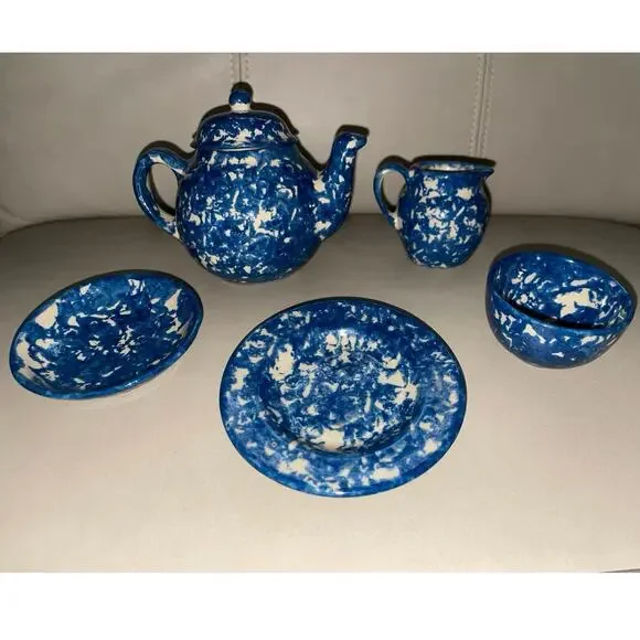 Rare 1987 Signed Barb Hall Miniature 5pc Blue Spongeware Tea Set 