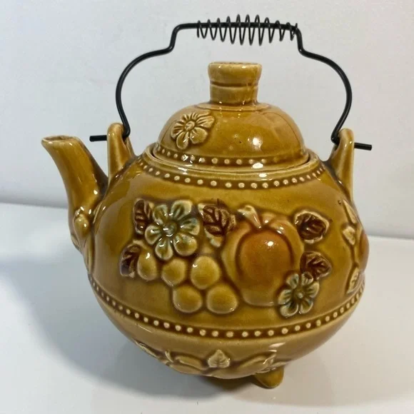 Vintage Ceramic Teapot‎ Wire Handle Embossed Fruit Flowers Japan