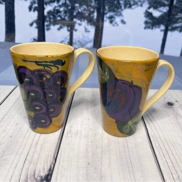 Set of 2 Arte Italica Vintage Grape Plum Design‎ Tall Cups Mugs Made in Italy