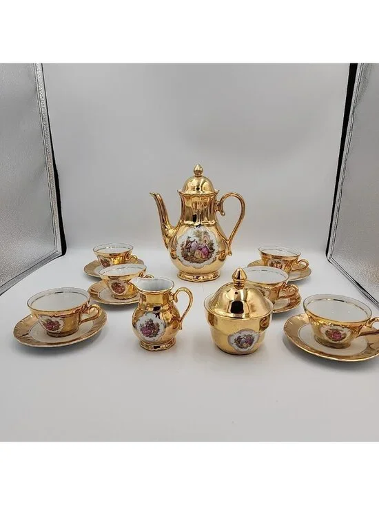 Vintage Porcelain STW Bavaria Gold Tea Set 15 Pc Germany Sugar Creamer Pot Cup