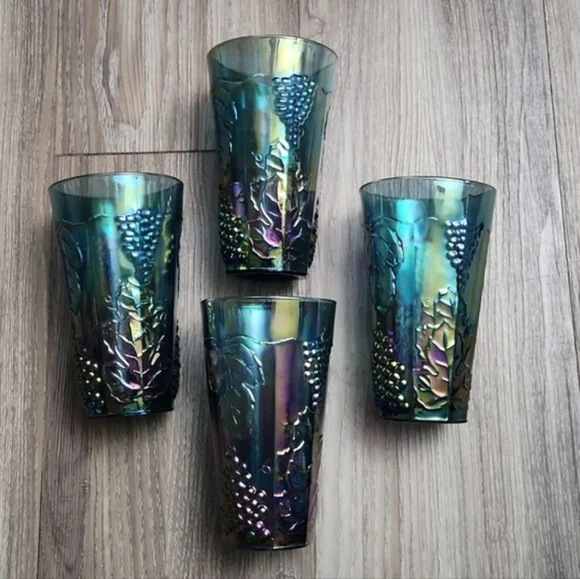 🌟 Vintage 1970s Indiana Blue Carnival Glass Tumblers Harvest Grape Set of 4