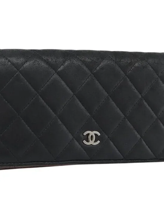 CHANEL Matelasse Long Wallet Lamb Skin Black Silver CC Auth 180933