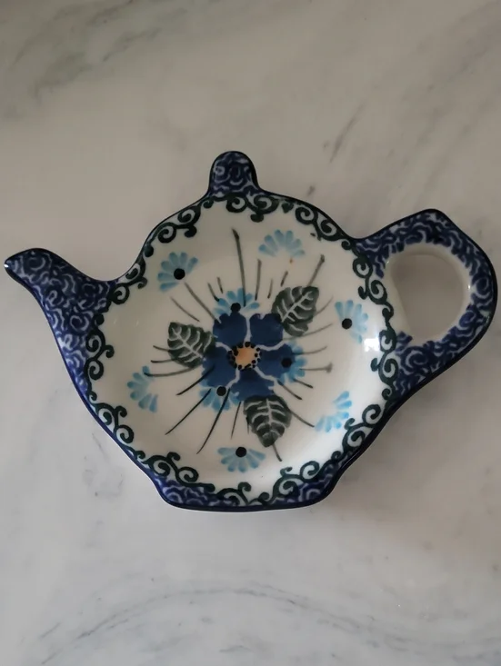Hand-Painted Blue Forget Me Not Tea Bag Spoon Rest - Polish Pottery