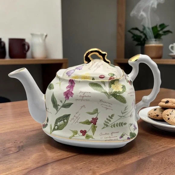 Vintage Royal Cuthbertson Floral Porcelain Botanical Teapot Made In England‎