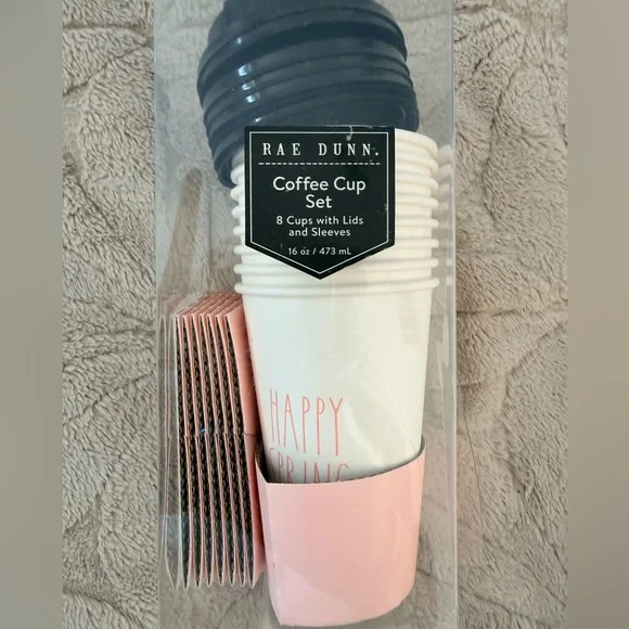 8 Rae Dunn Paper Travel Hot Cocoa Coffee Cups Lids Sleeves Happy Spring 16oz