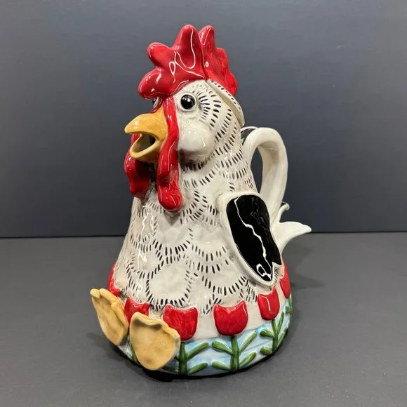 Blue Sky Heather Goldminc Rooster Teapot Ceramic Red Tulip 18363 Farmhouse Decor