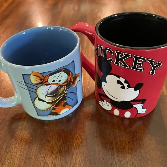 Set of 2 Disney Coffee Tea Mug Mickey & Tigger Red & Blue Ceramic 8/12 Ounce