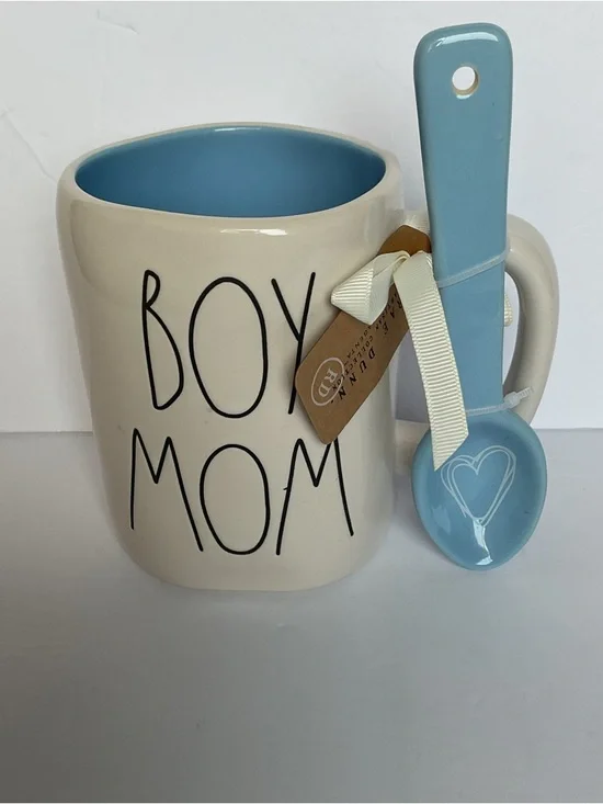 Rae Dunn Boy Mom White Cup Mug 16oz w/ Blue Spoon Gift Set Brand New Baby Shower