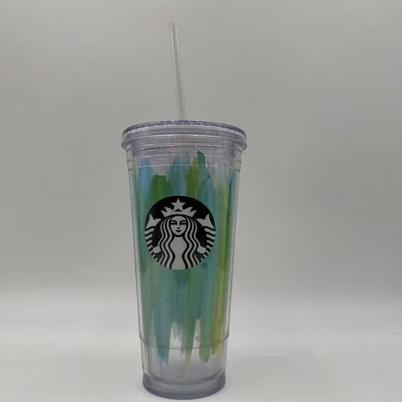 Starbucks Blue Green Paint Strokes Cold Cup Tumbler 24oz