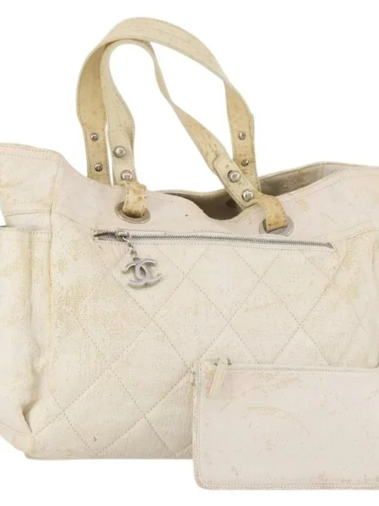 CHANEL Paris Biarritz GM Hand Bag Canvas White Silver CC Auth 185503
