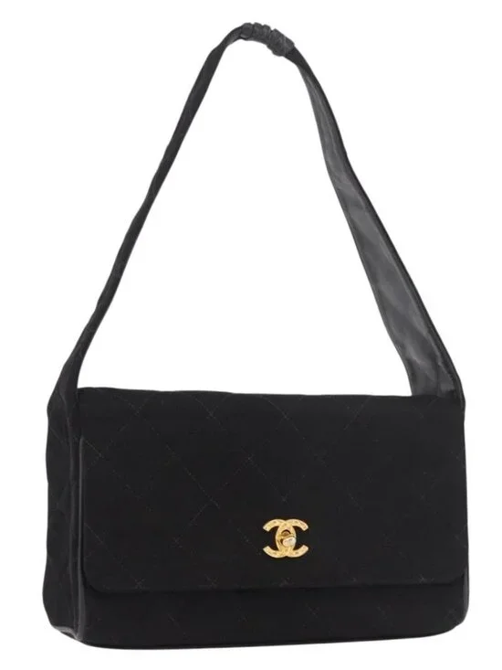 CHANEL Matelasse Shoulder Bag Cotton Black Gold CC Auth 186116V