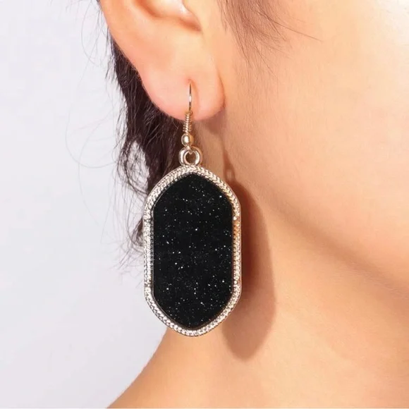 Black Shimmer Oval Drop Earrings | Gold Tone Textured Statement Earrings