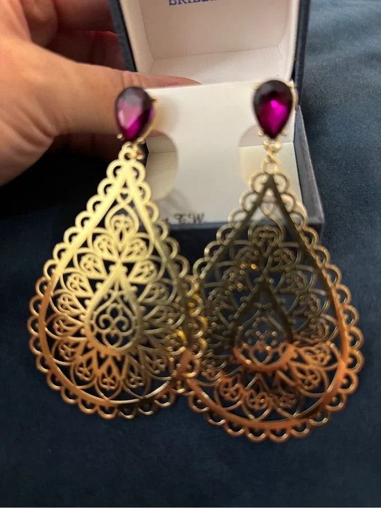 Gold Filigree Teardrop Earrings with Purple Gemstone