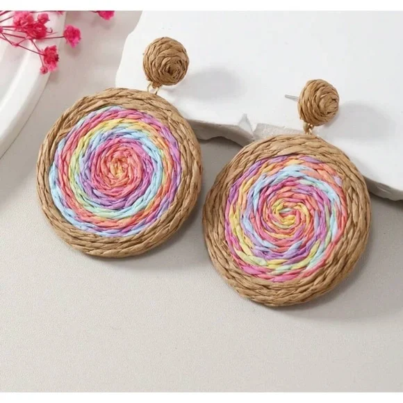 Bohemian style double sides woven round woven rainbow earrings
