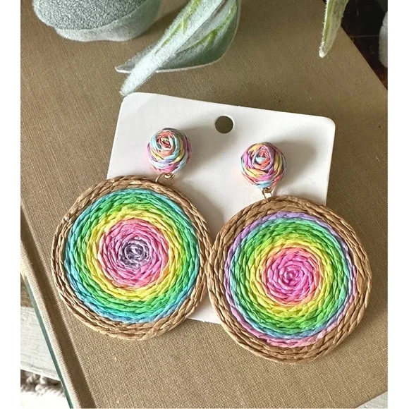 Bohemian style double sides woven round woven rainbow earrings