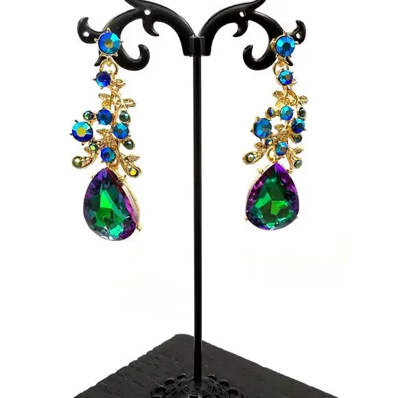 Aurora Borealis Blue and Green Statement Pierced Earrings