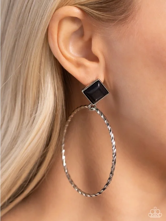 Black Square Stone Silver-Tone Hoop Earrings - Women Jewelry