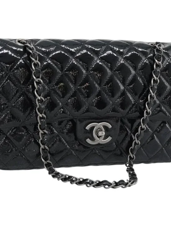 CHANEL Matelasse 25 Chain Bag Patent leather Black Silver CC Auth 189112SM