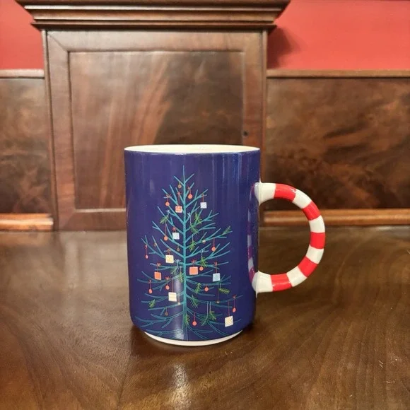 Starbucks 2018 Christmas Tree Mug 12oz Navy Blue Candy‎ Cane Handle Holiday Cup