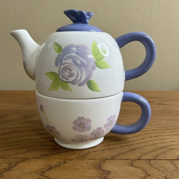 Hallmark Stacking Teapot‎ & Cup White with Purple Flowers & Butterfly Tea Lid