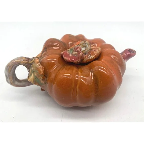 Vintage Pumpkin Teapot Orange Ceramic Fall Harvest Decorative Leaf Lid Small