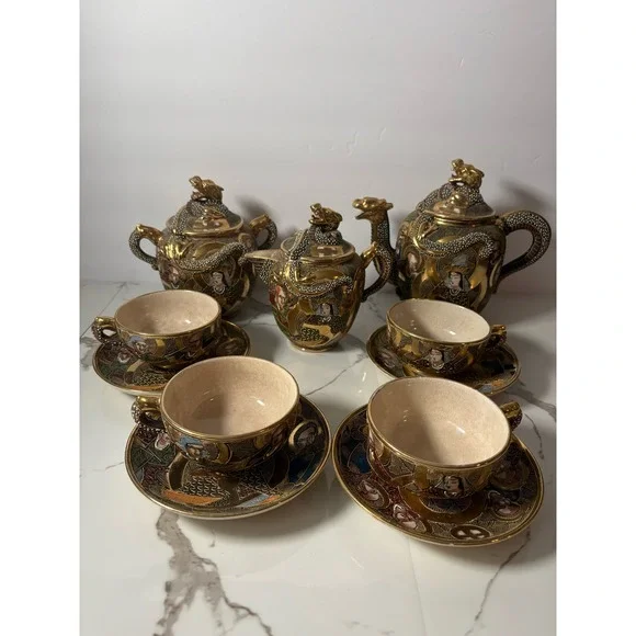 Vintage Japanese Satsuma Moriage Dragon Tea Set‎ Hand Painted Gold Gilt 11pc