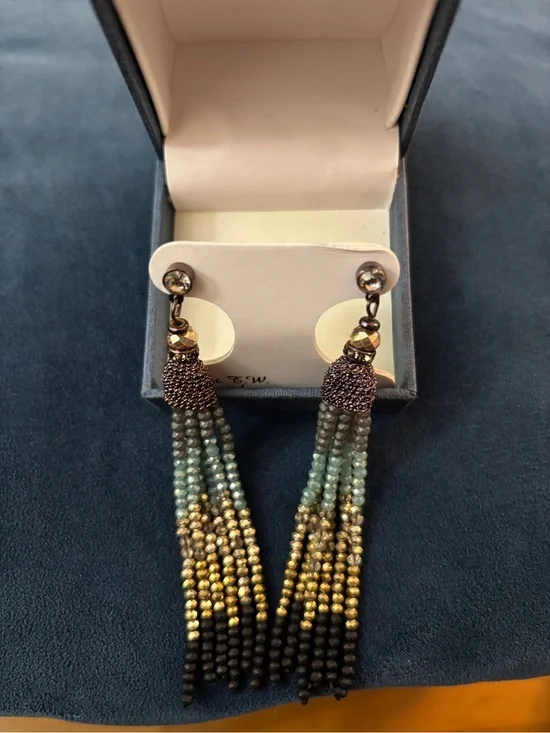 Beaded Tassel Drop Earrings - Gold, Black & Aqua