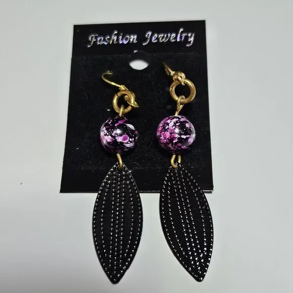 Gold Tone Purple Bead Black Metal Dangling Earrings