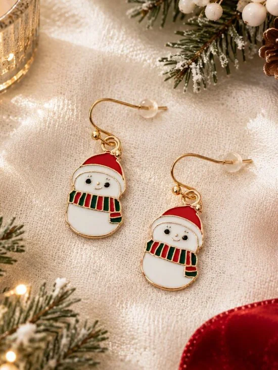 Snowman Christmas Dangle Earrings Enamel Holiday Winter Festive Jewelry