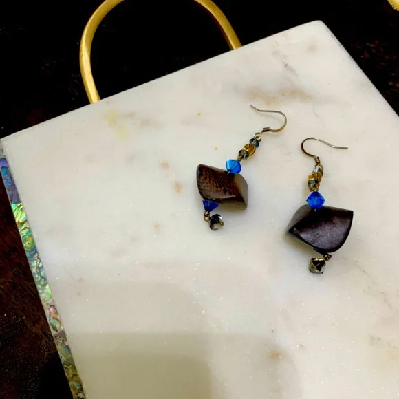 Boho dangly brown wood, royal blue Swarovski crystal bead dangle earrings