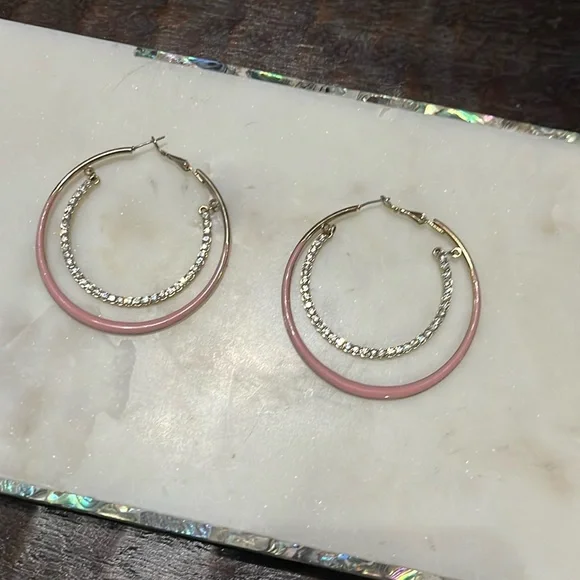 Charming Charlie Pink & Rhinestone big hoop pierced earrings
