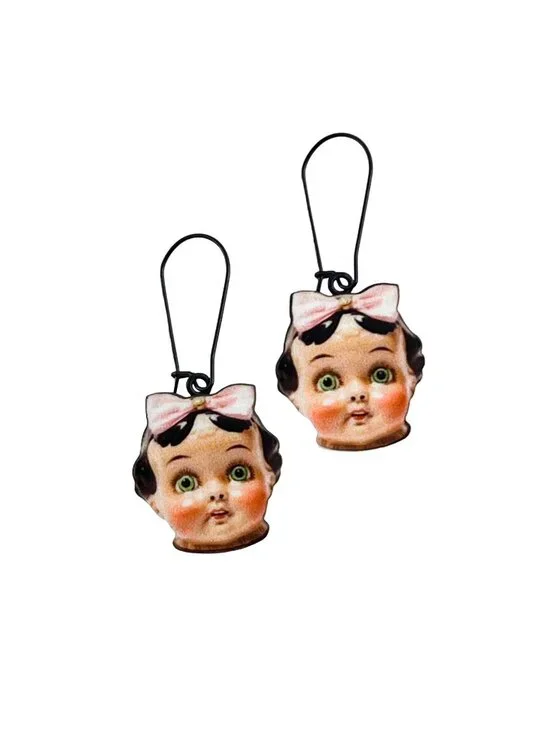 Vintage Doll Face Pink Bows Wood Cutout Dangle Earrings Kitsch Creepy Cute