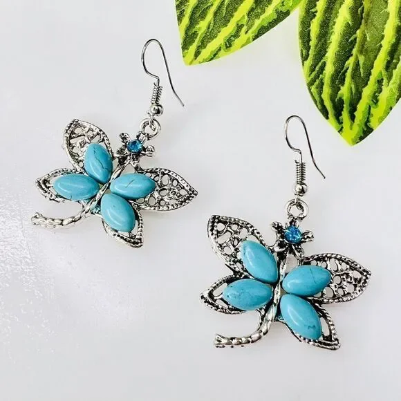Dragonfly Teal Blue Faux Turquoise Rhinestone Silver Tone Dangle Drop Earrings