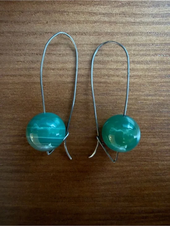 Teal Glass Bead Drop Earrings - Minimal Wire Hook - Blue Green Hue