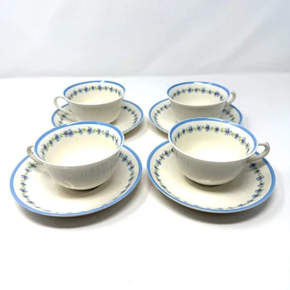 Canonsburg Pottery Co. Bonnie Blue Teacups and‎ Saucers Blue Floral Set of 4 VTG