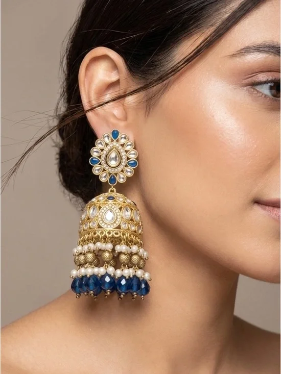 Gold and Blue Kundan Jhumka Earrings