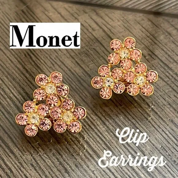Vintage Monet Pink Cluster Rhinestone Clip Earring - Gold-tone