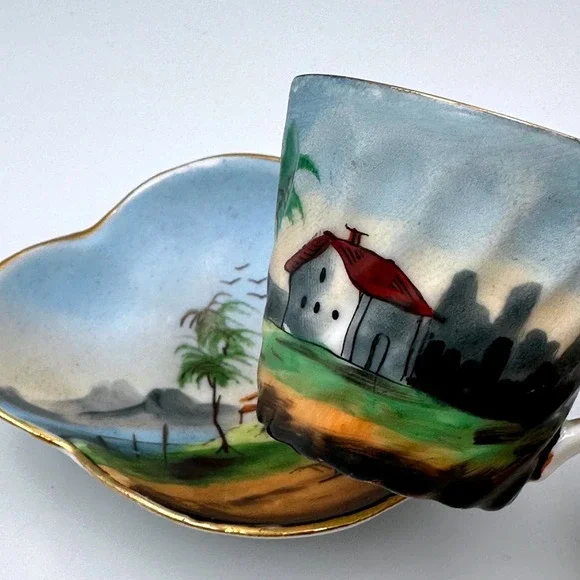 Vintage MCM Japanese‎ Landscape Porcelain Hand Decorated Teacup & Saucer