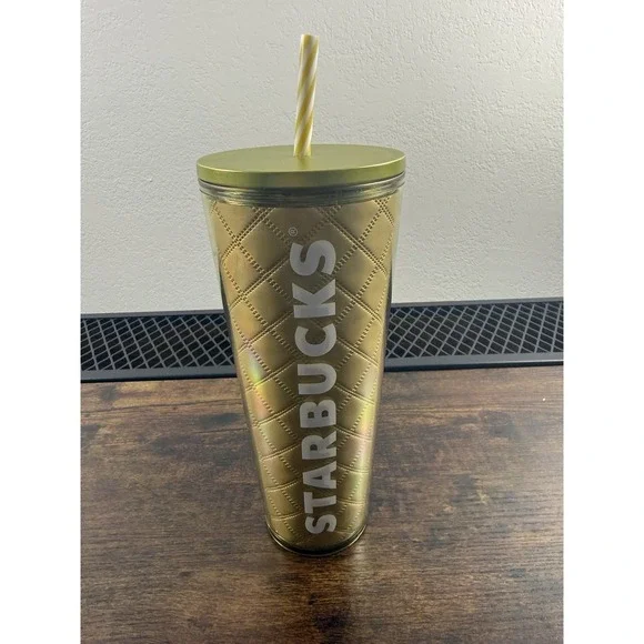 2024 STARBUCKS HOLIDAY METALLIC GOLD QUILTED 24oz VENTI‎ TUMBLER COLD CUP