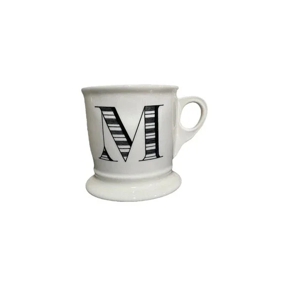 Anthropologie Coffee Mug Monogram Letter M‎ Black White Shaving Style Cup EUC