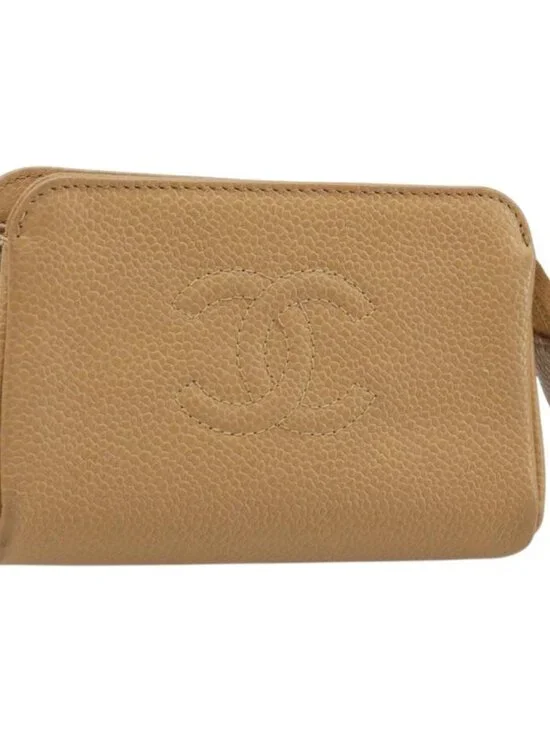 CHANEL COCO Mark Cosmetic Pouch Grained Calf Skin Beige Gold CC Auth 186407