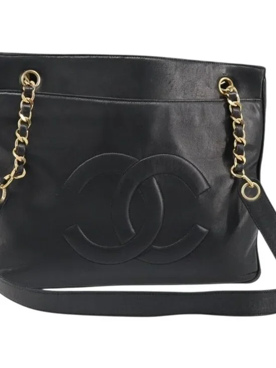 CHANEL COCO Mark Chain Tote Bag Leather Black Gold CC Auth yk20595