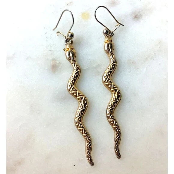 Snake Earrings Dangle Long French Loop Wire Gold Tone