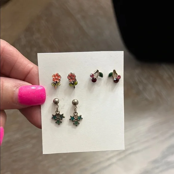 Vintage set of small cherries, blue stars, & pink flowers pierced earrings